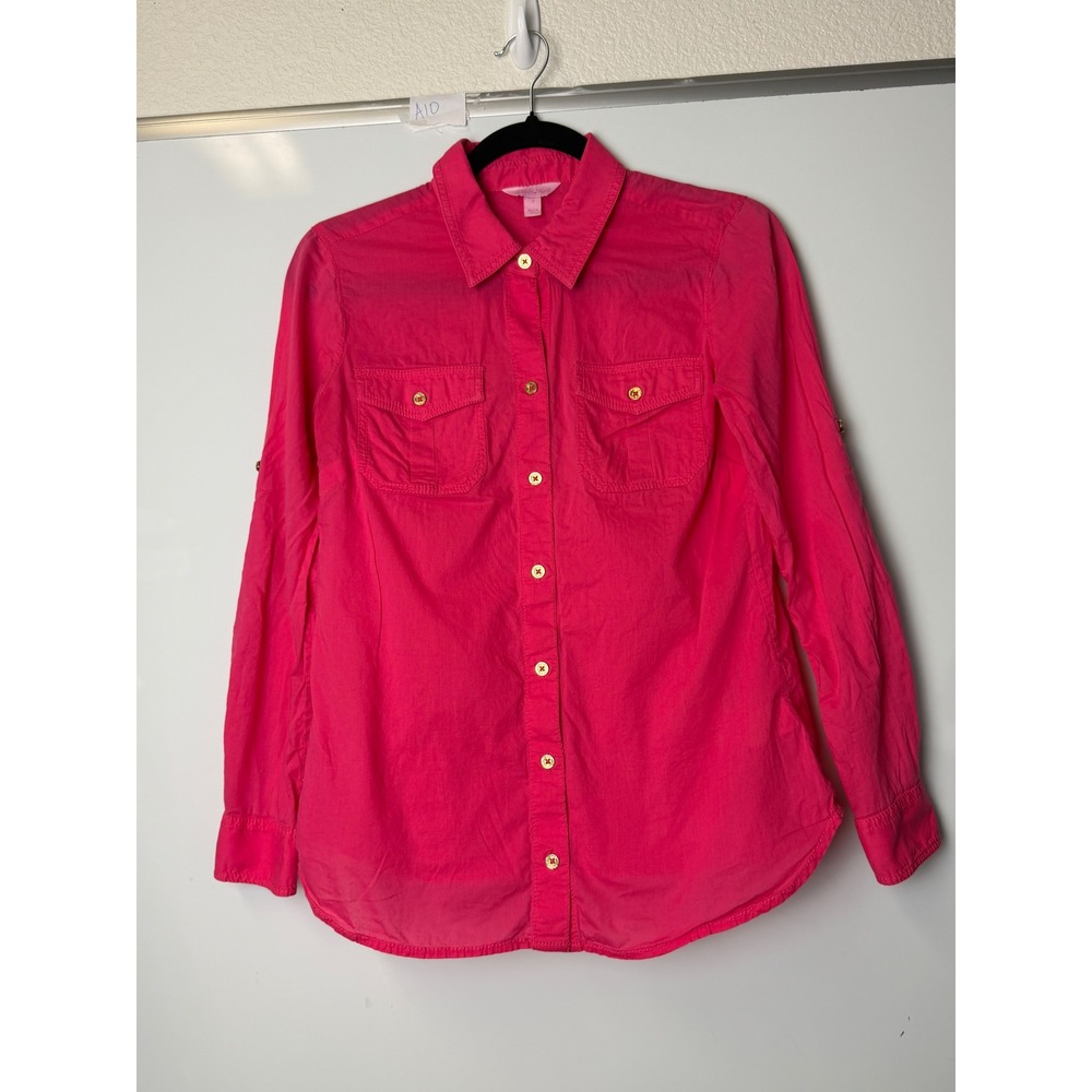 Lilly Pulitzer Hot Pink Cotton Button Down Roll Tab Shirt Size 2 Women's